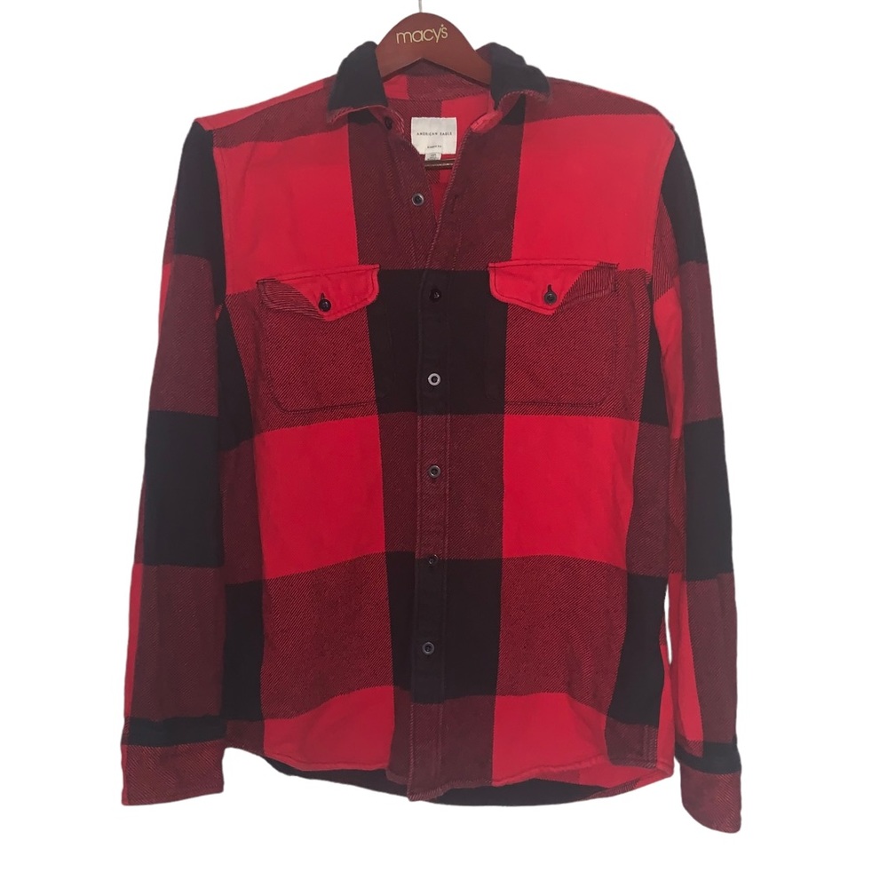 American Eagle Red Plaid Flannel Button Front Cotton Shirt Shacket Sz L